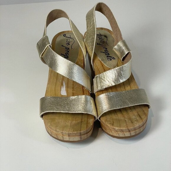 Free People Slingback Strappy Wedge Sandals Metallic Gold Size 37 Leather Heel - Picture 3 of 10